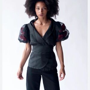 Victor Costa black puff sleeve silk top with roses